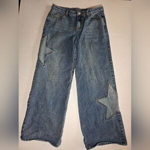 Cali 1850 Blue Denim Y2K Star Patchwork High Rise Wide Leg Jeans Women's Size 11